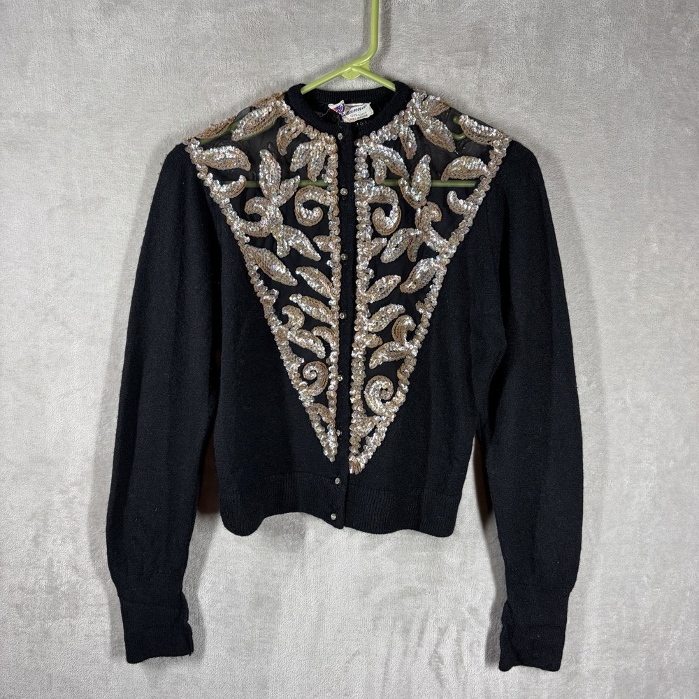 VTG 60s Rosanna Sequin Black Orlon Acrylic Knit Cardigan Size 34 MCM Eveningwear